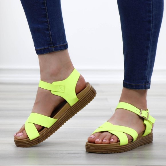 Neon Green Strappy Comfort Sandals Faux Nubuck - Picture 11 of 13